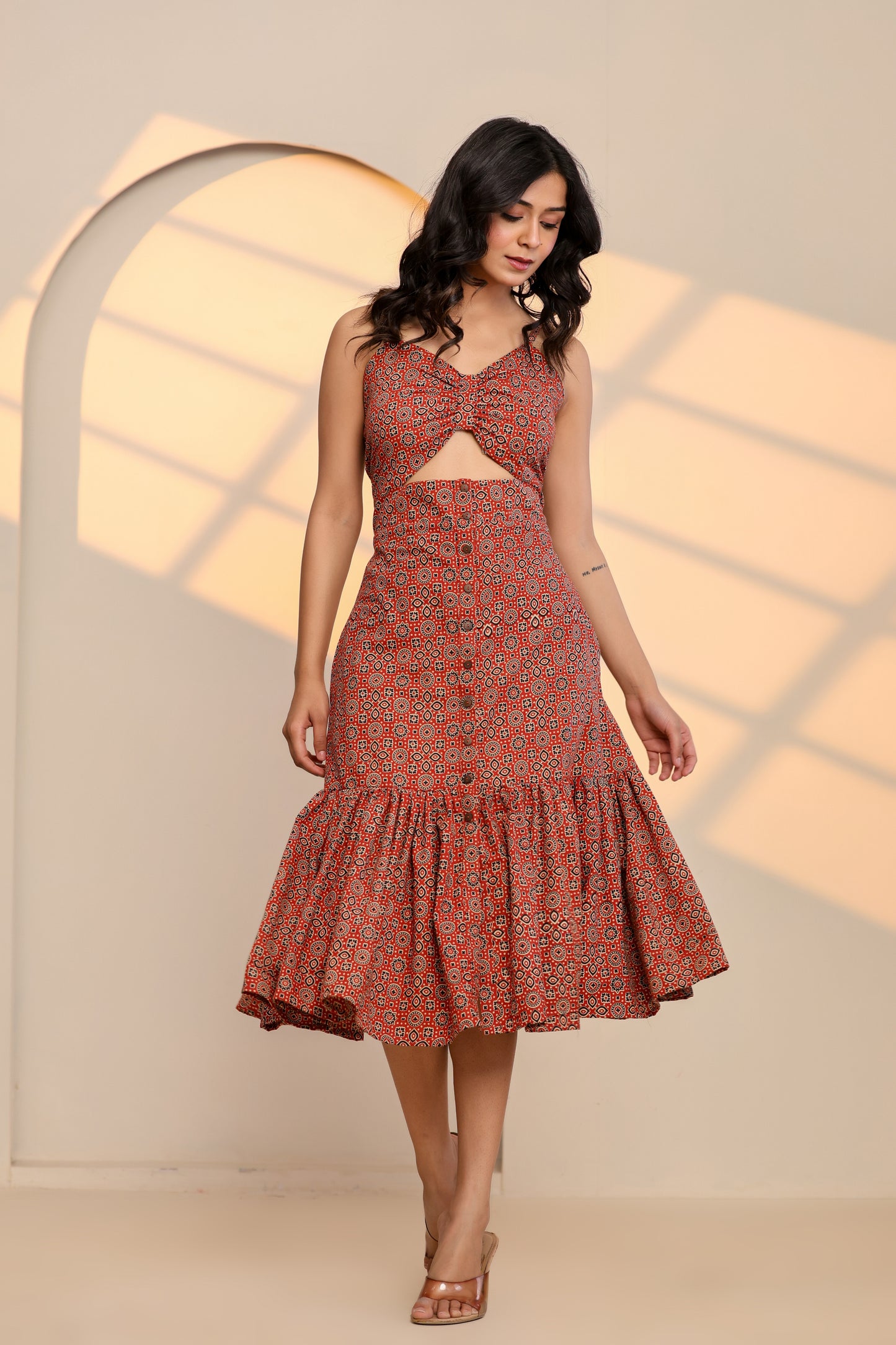 Racing Red Cotton Hand Block Printed Midi Dress