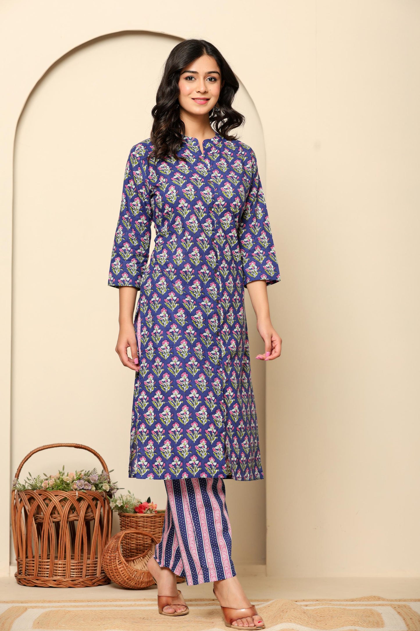 Purple Printed Cotton Kurta Set