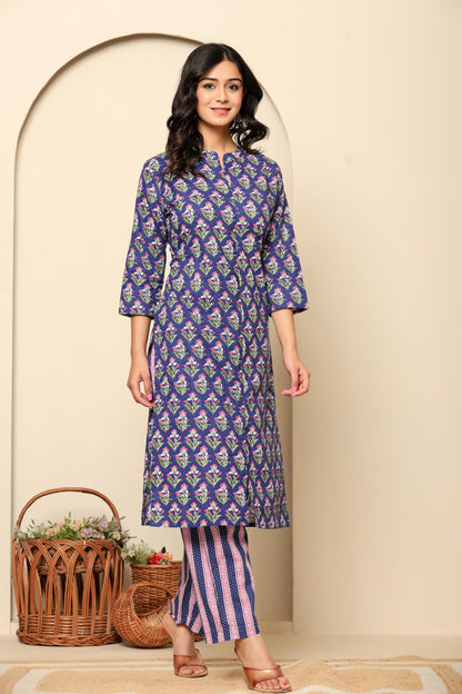 Purple Printed Cotton Kurta Set