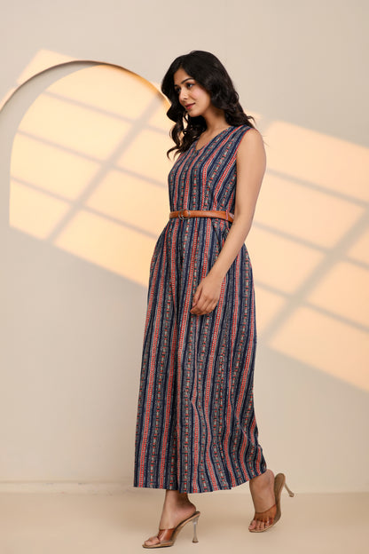 Side view of Peony Blue Cotton Printed Jumpsuit
