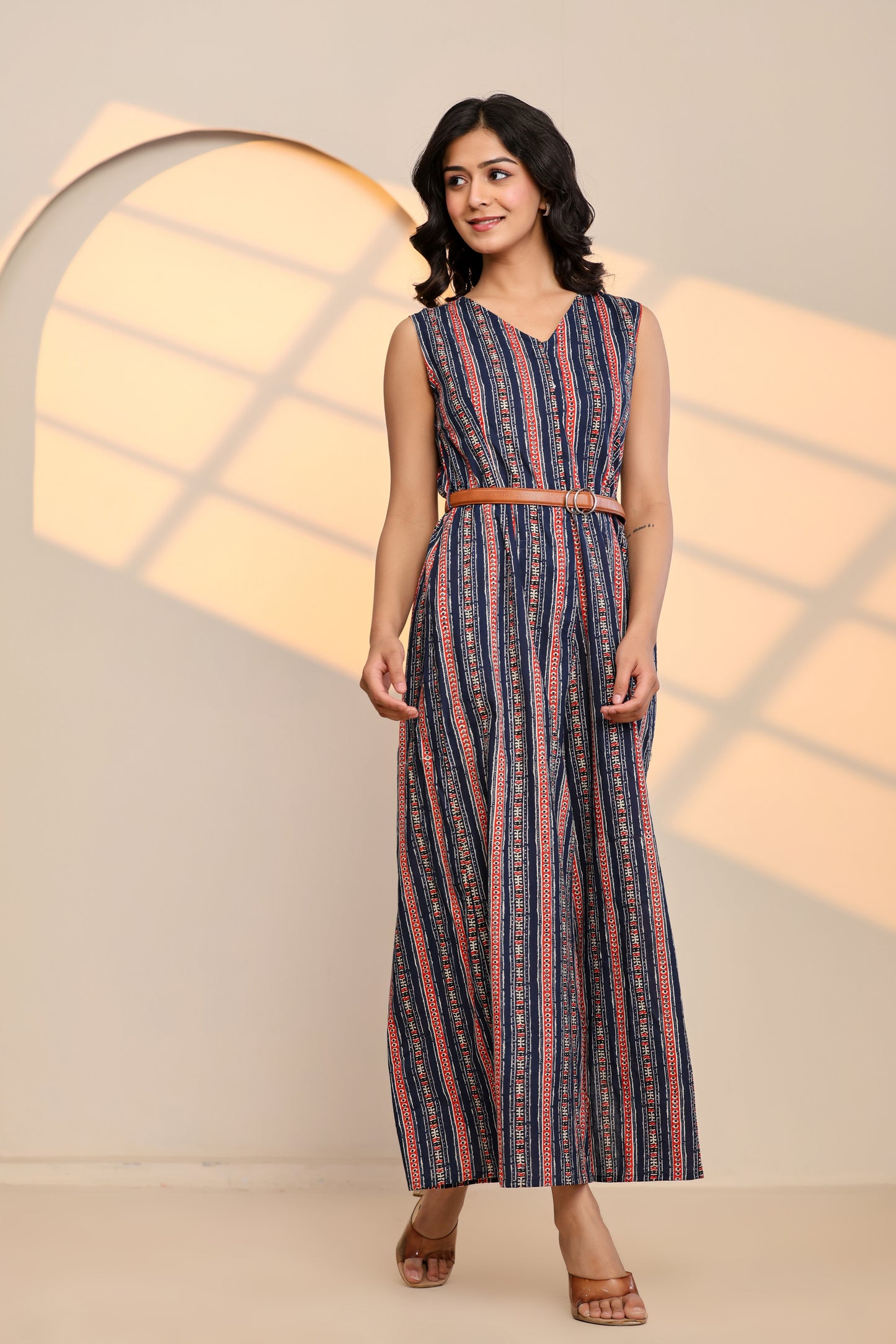 Front view of Peony Blue Cotton Printed Jumpsuit