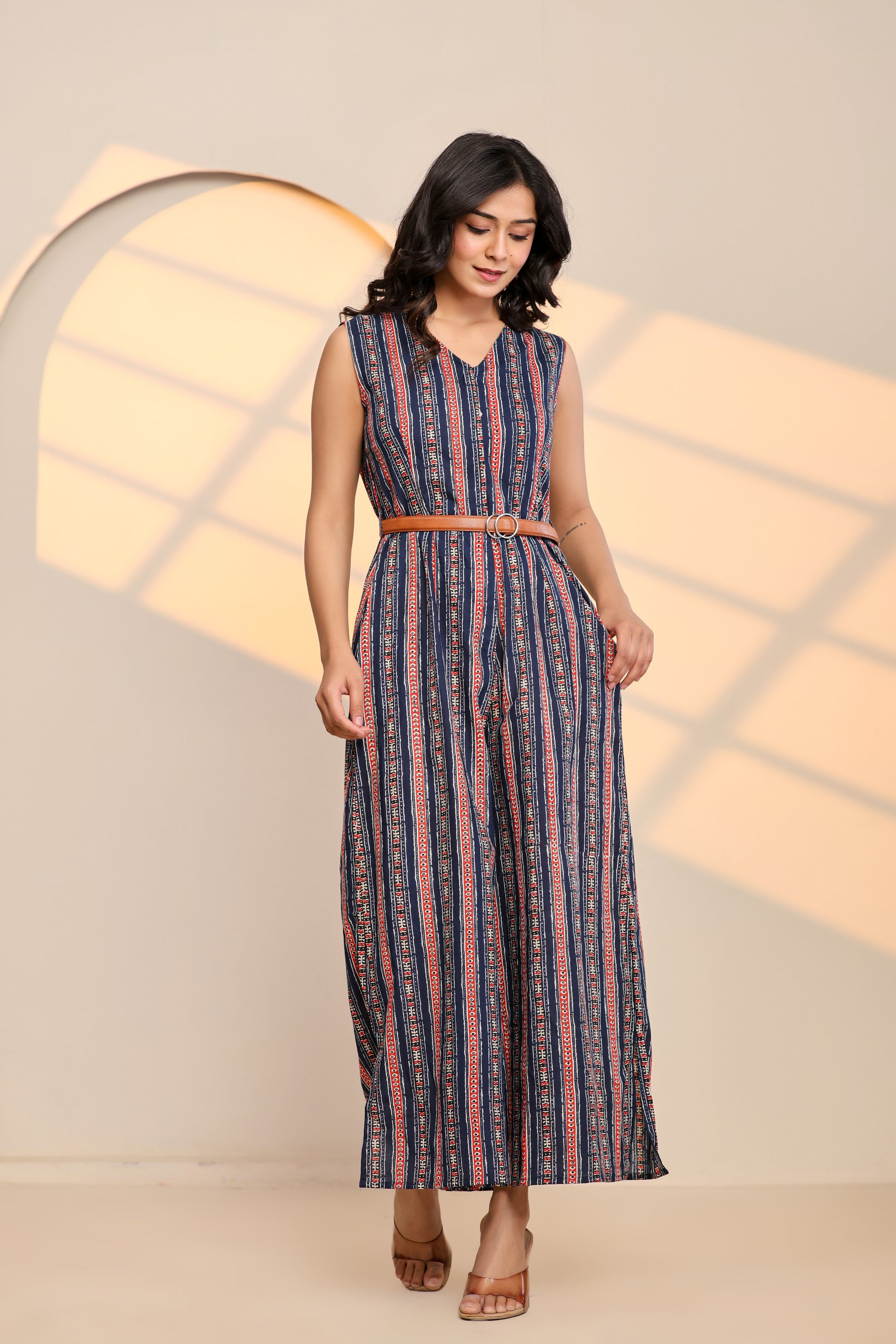 Front view of Peony Blue Cotton Printed Jumpsuit
