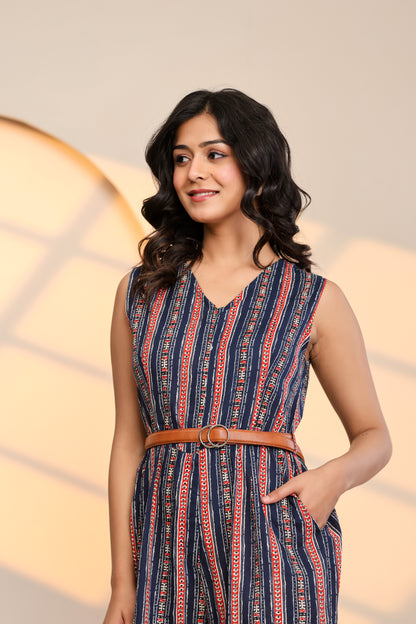 Close Up view of Peony Blue Jumpsuit with floral prints