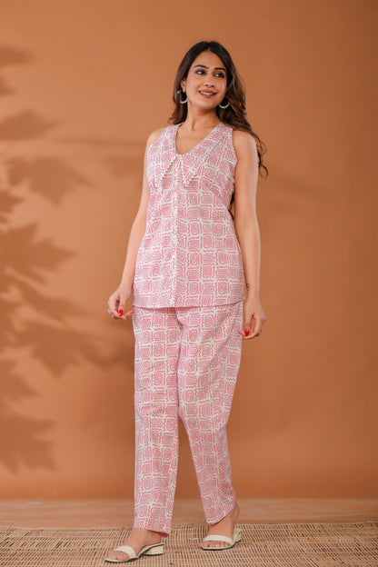 Rose Shadow Pink Cotton Hand Block Printed Co- Ord Set