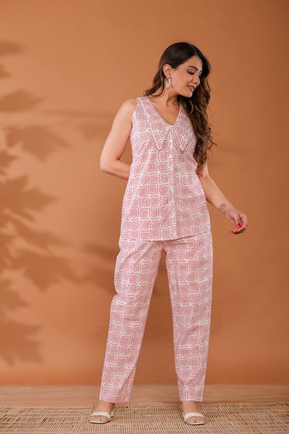 Rose Shadow Pink Cotton Hand Block Printed Co- Ord Set