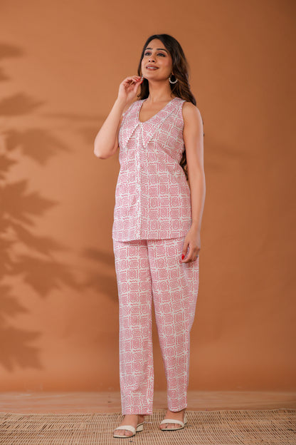 Rose Shadow Pink Cotton Hand Block Printed Co- Ord Set