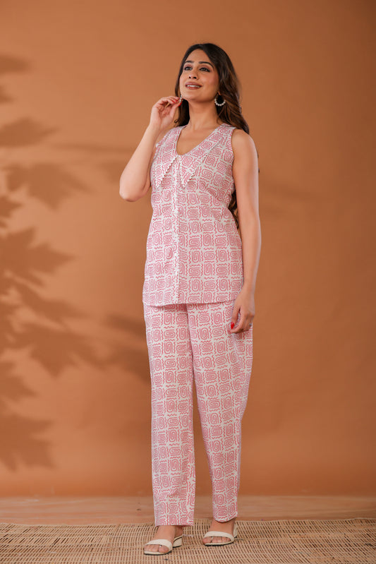 Rose Shadow Pink Cotton Hand Block Printed Co- Ord Set