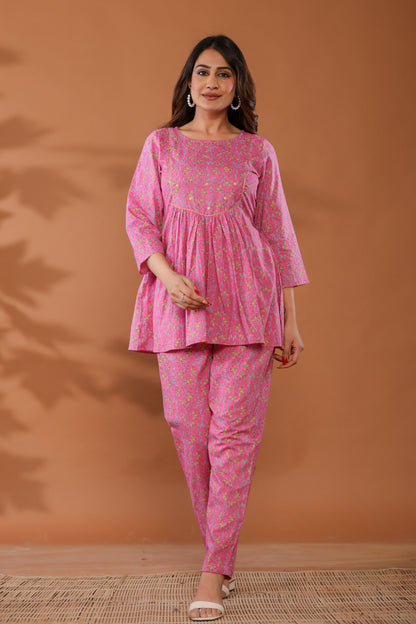 Aurora Pink Cotton Hand Block Printed Co- Ord Set