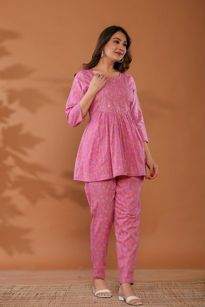 Aurora Pink Cotton Hand Block Printed Co- Ord Set