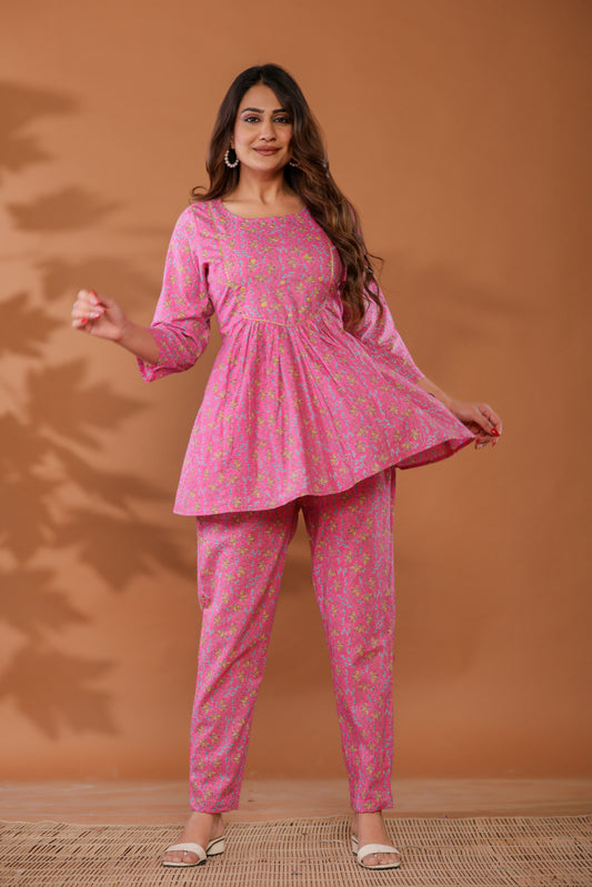 Aurora Pink Cotton Hand Block Printed Co- Ord Set