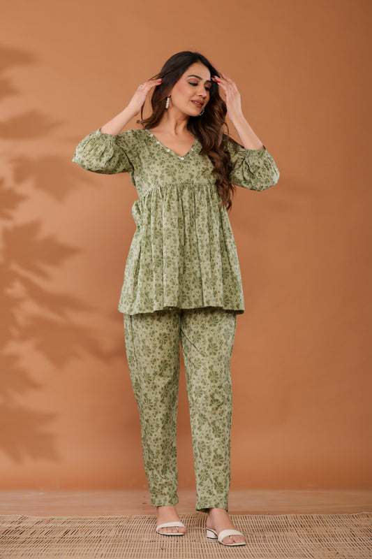 Front view of Meadow Green Cotton Block Printed Co-ord Set