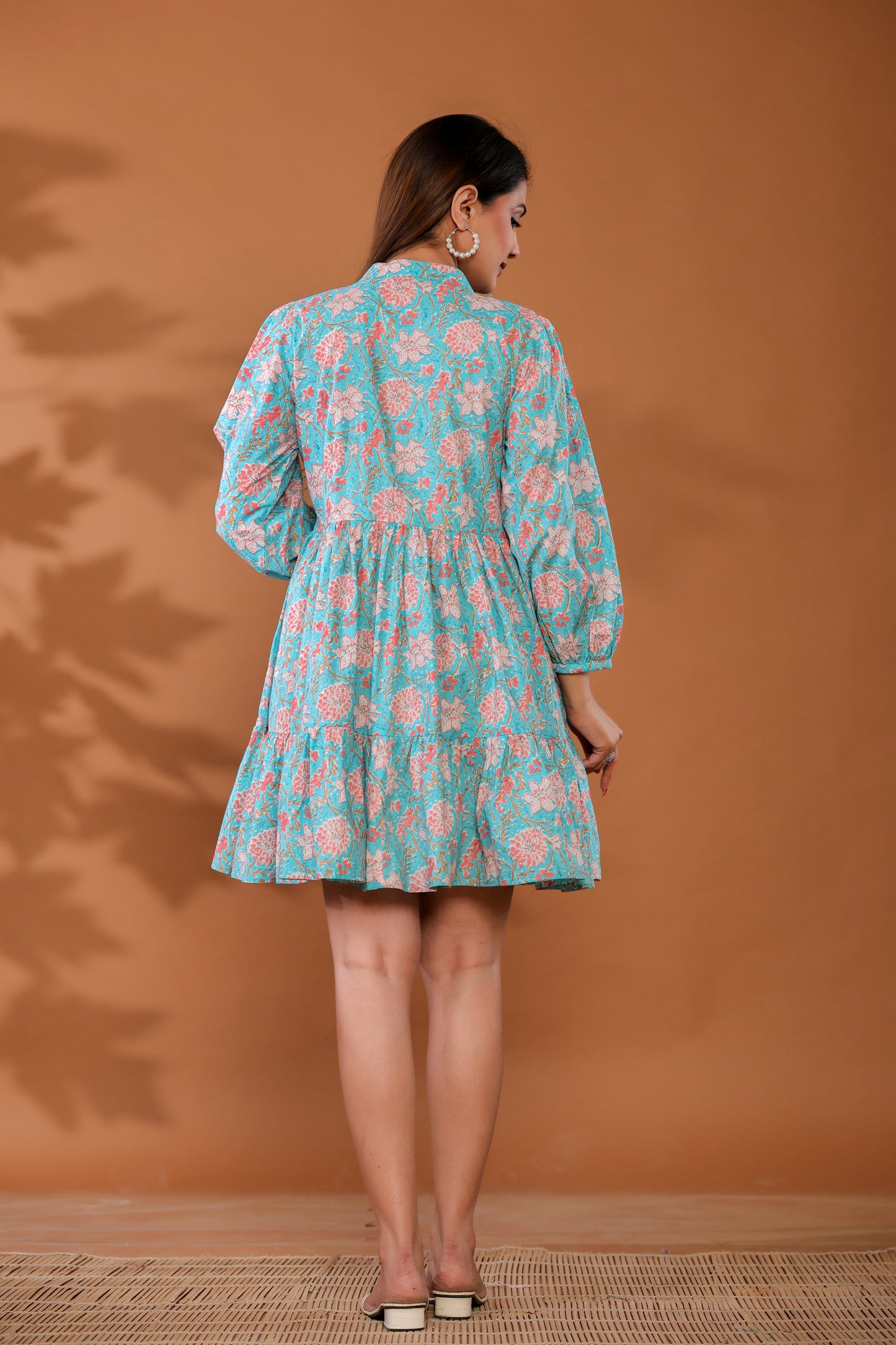 Ice Water Blue Cotton Hand Block Printed Mini Dress