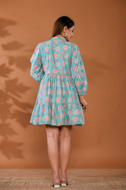 Ice Water Blue Cotton Hand Block Printed Mini Dress