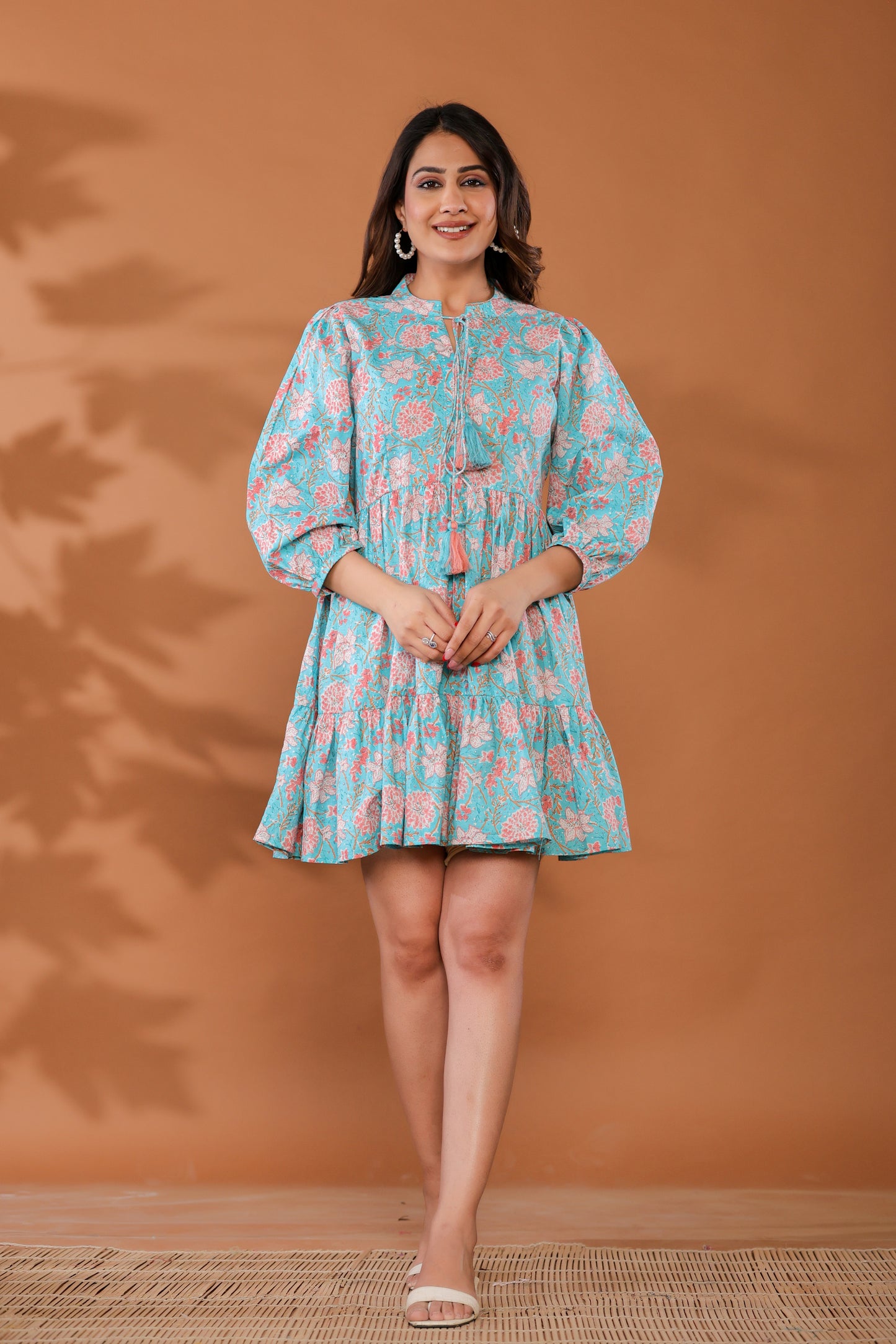 Ice Water Blue Cotton Hand Block Printed Mini Dress