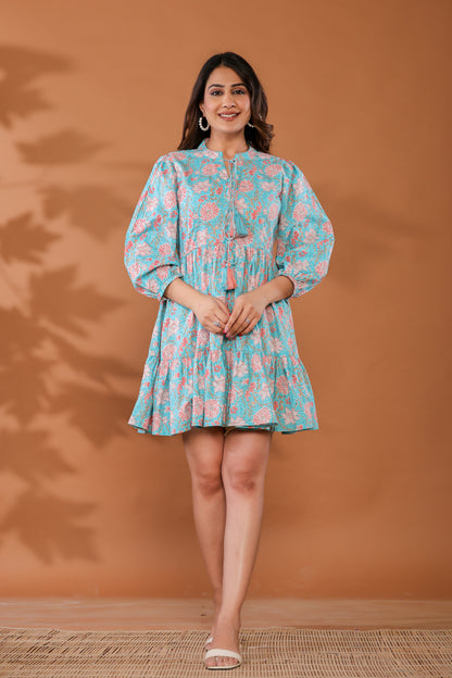 Ice Water Blue Cotton Hand Block Printed Mini Dress