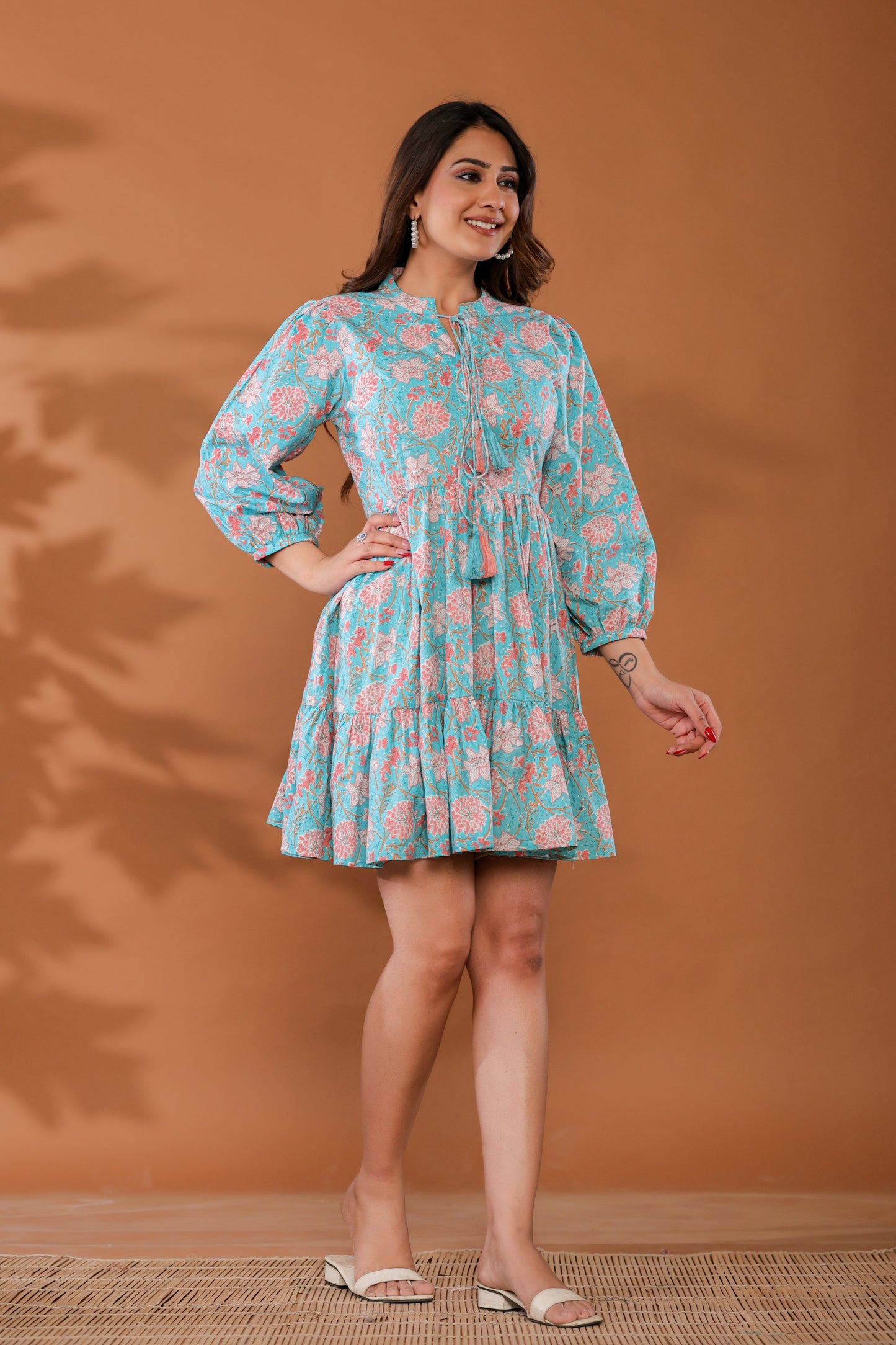 Ice Water Blue Cotton Hand Block Printed Mini Dress