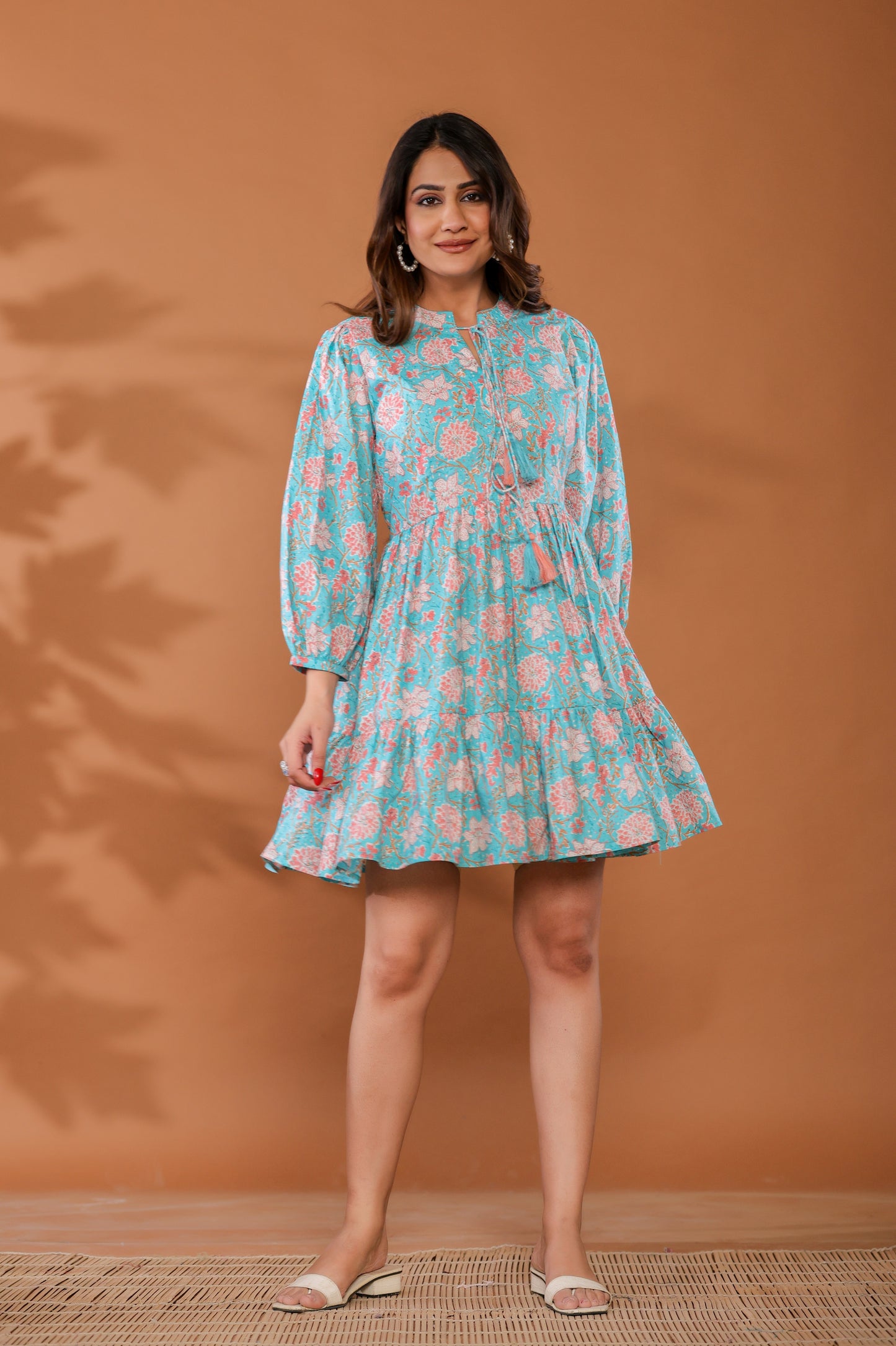 Ice Water Blue Cotton Hand Block Printed Mini Dress