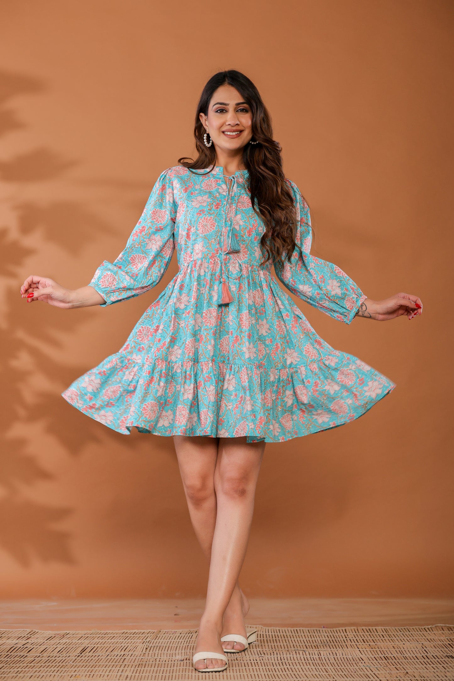 Ice Water Blue Cotton Hand Block Printed Mini Dress