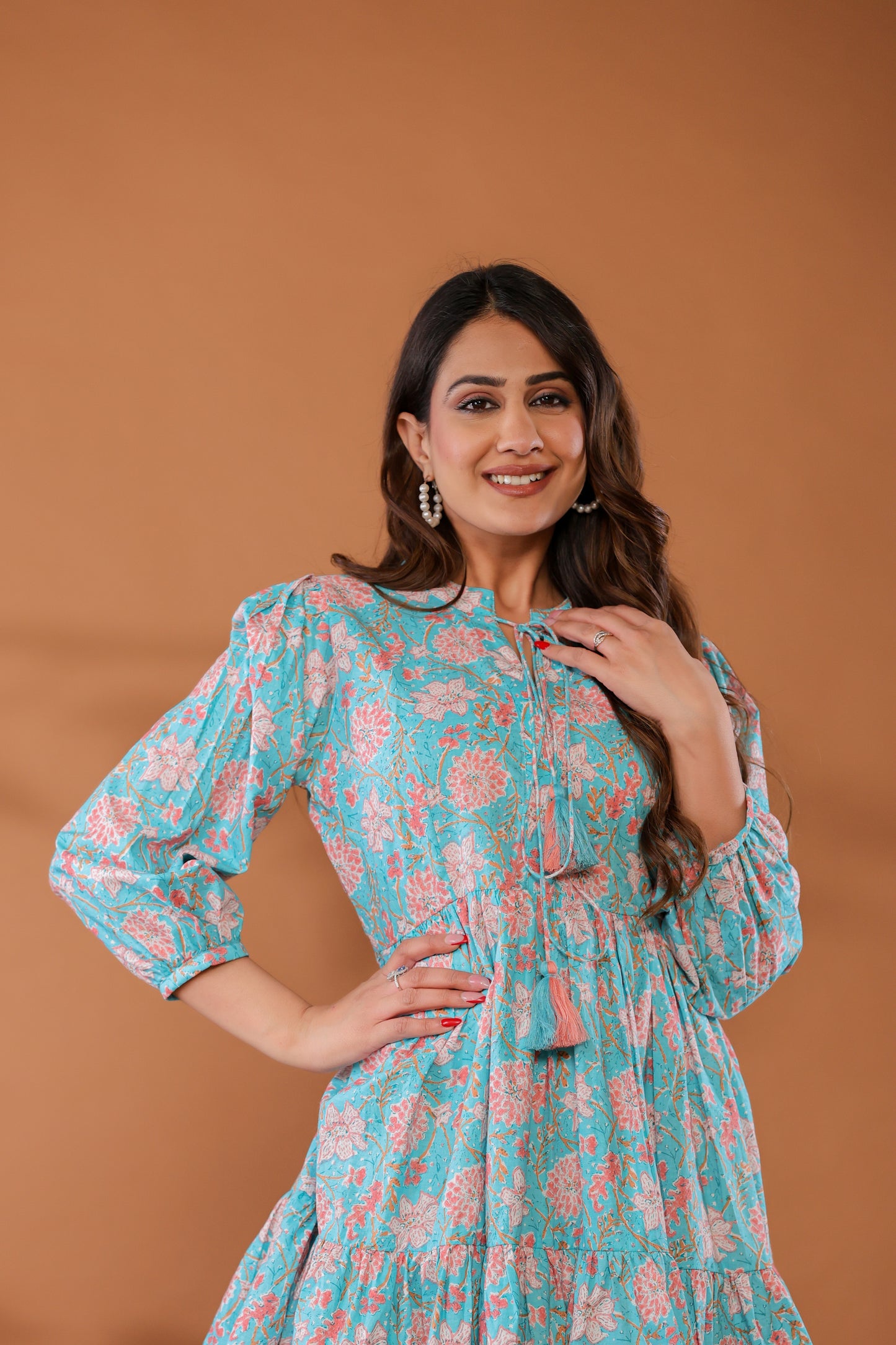 Ice Water Blue Cotton Hand Block Printed Mini Dress