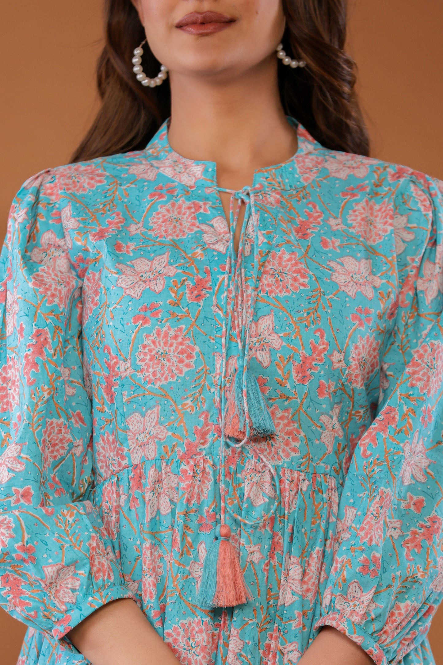 Ice Water Blue Cotton Hand Block Printed Mini Dress