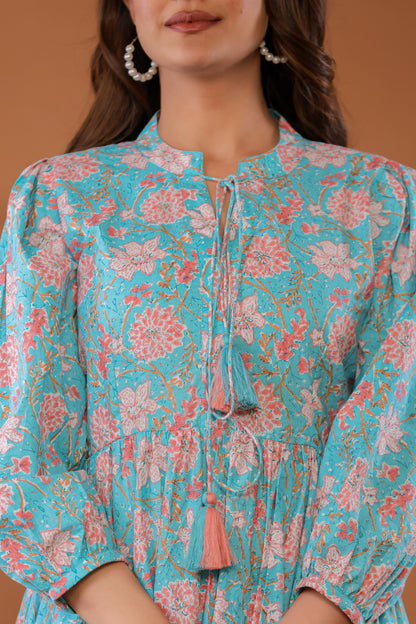 Ice Water Blue Cotton Hand Block Printed Mini Dress