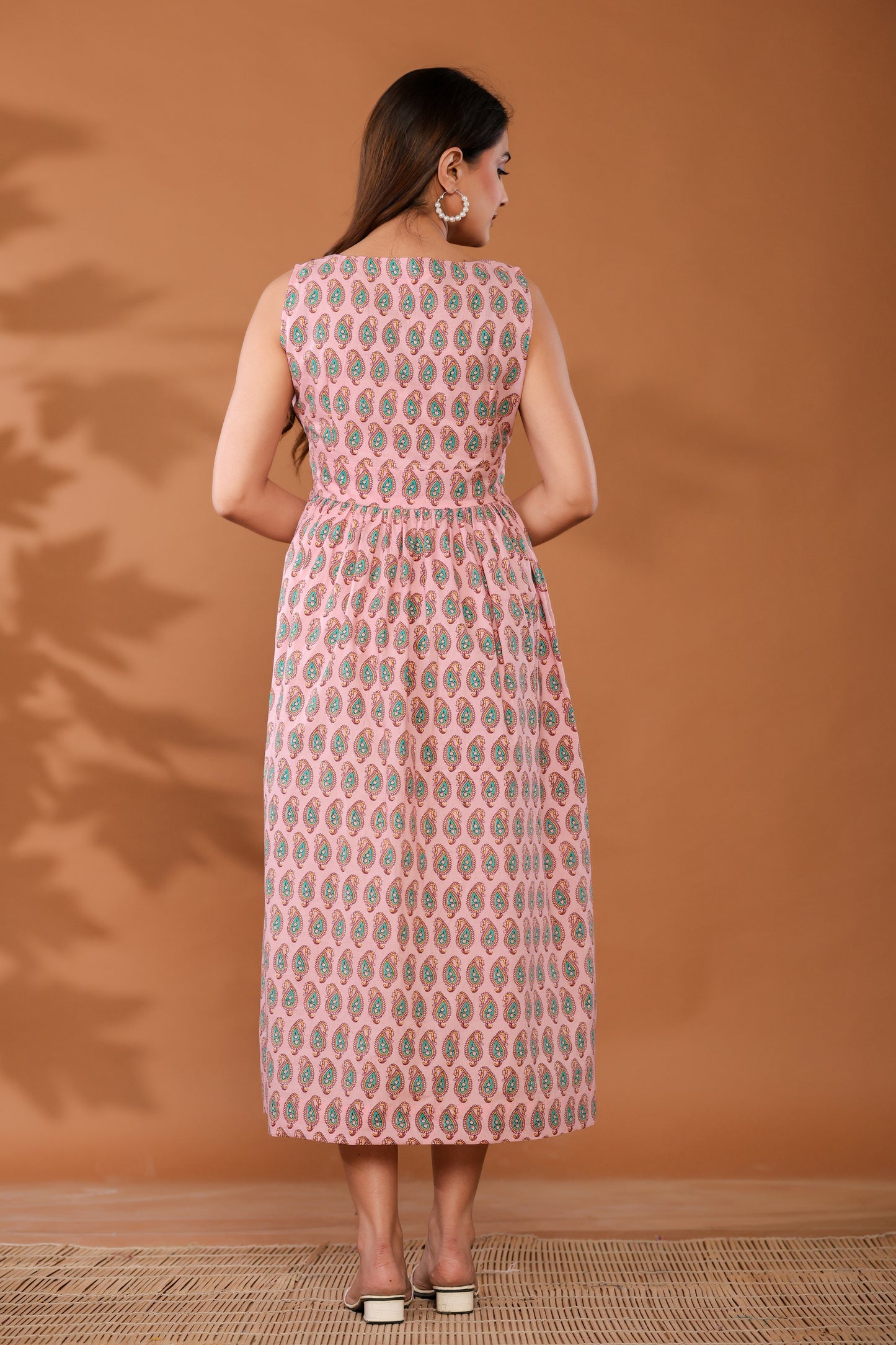 Sugar Pink Cotton Hand Block Printed Midi Dress