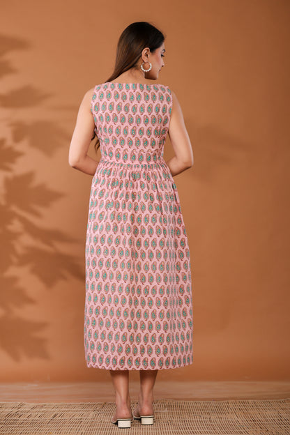 Sugar Pink Cotton Hand Block Printed Midi Dress