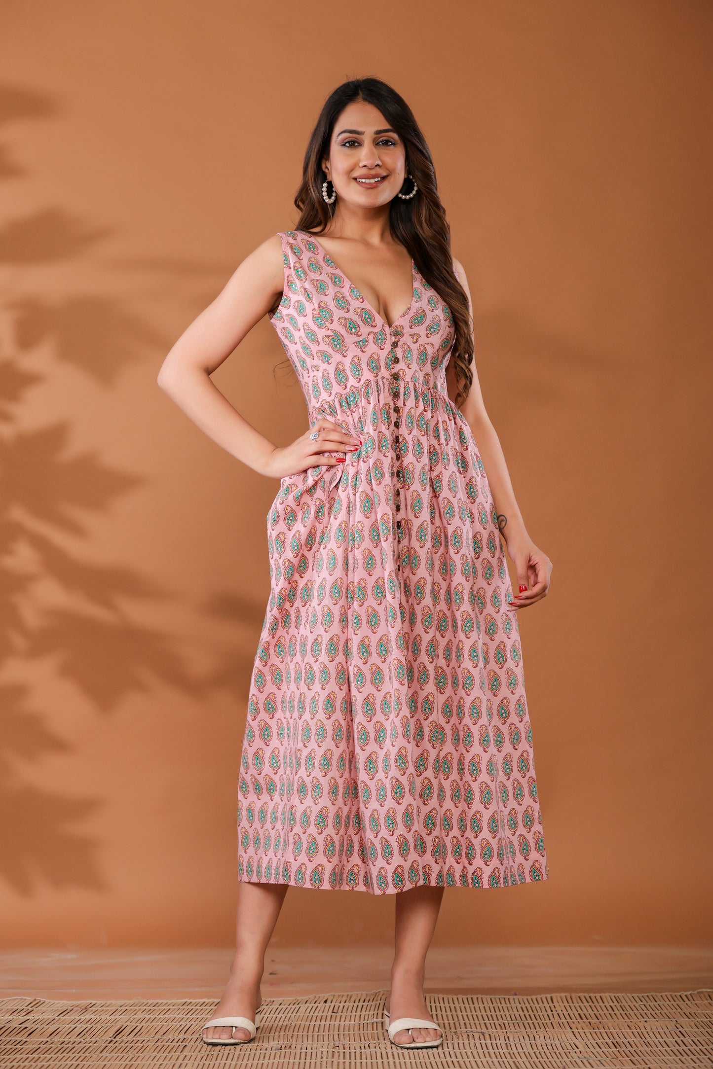 Sugar Pink Cotton Hand Block Printed Midi Dress