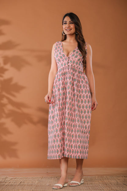Sugar Pink Cotton Hand Block Printed Midi Dress