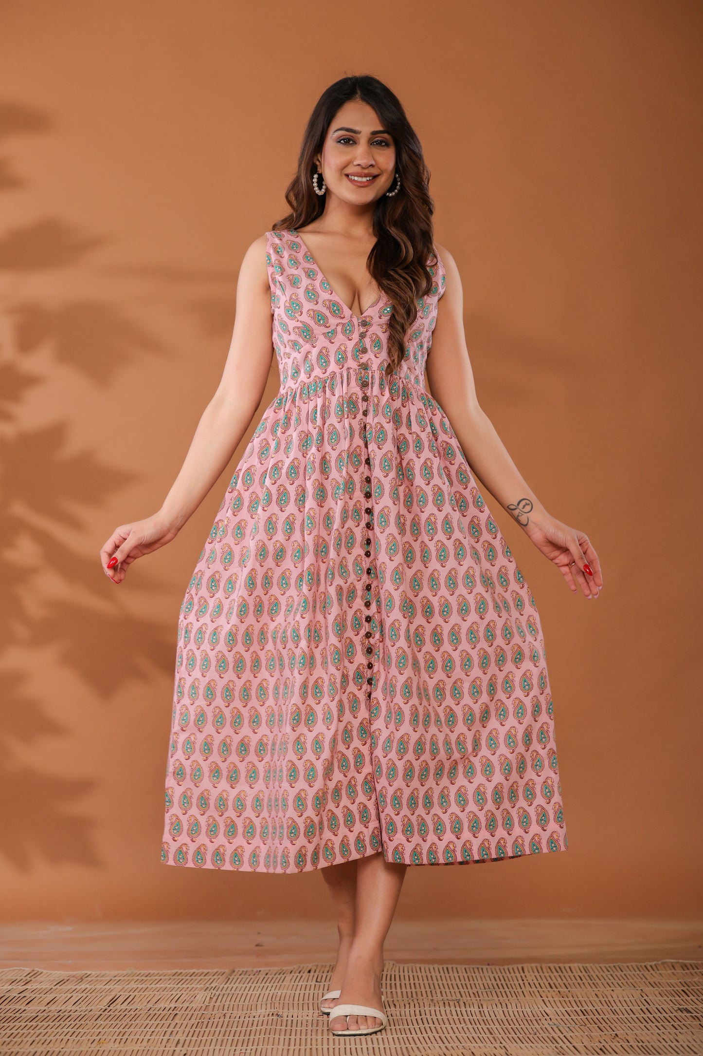 Sugar Pink Cotton Hand Block Printed Midi Dress