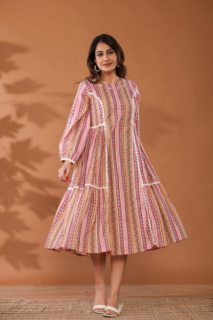 Cradle Pink Cotton Hand Block Ptinted Midi Dress