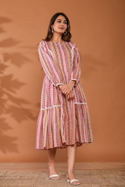 Cradle Pink Cotton Hand Block Ptinted Midi Dress