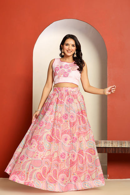 Ragavi Pastel Pink Paisley Printed Lehenga Set with Dupatta