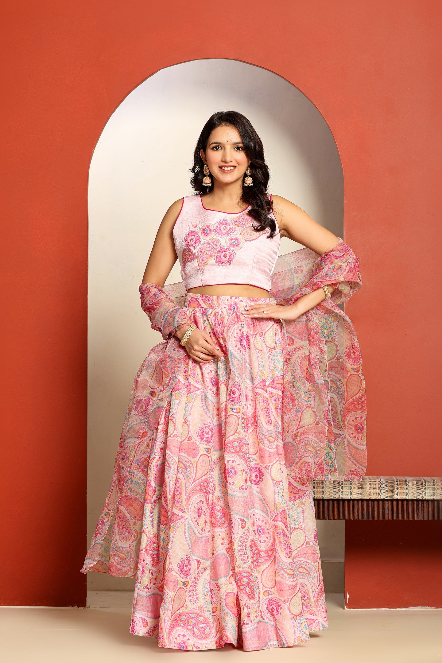 Ragavi Pastel Pink Paisley Printed Lehenga Set with Dupatta