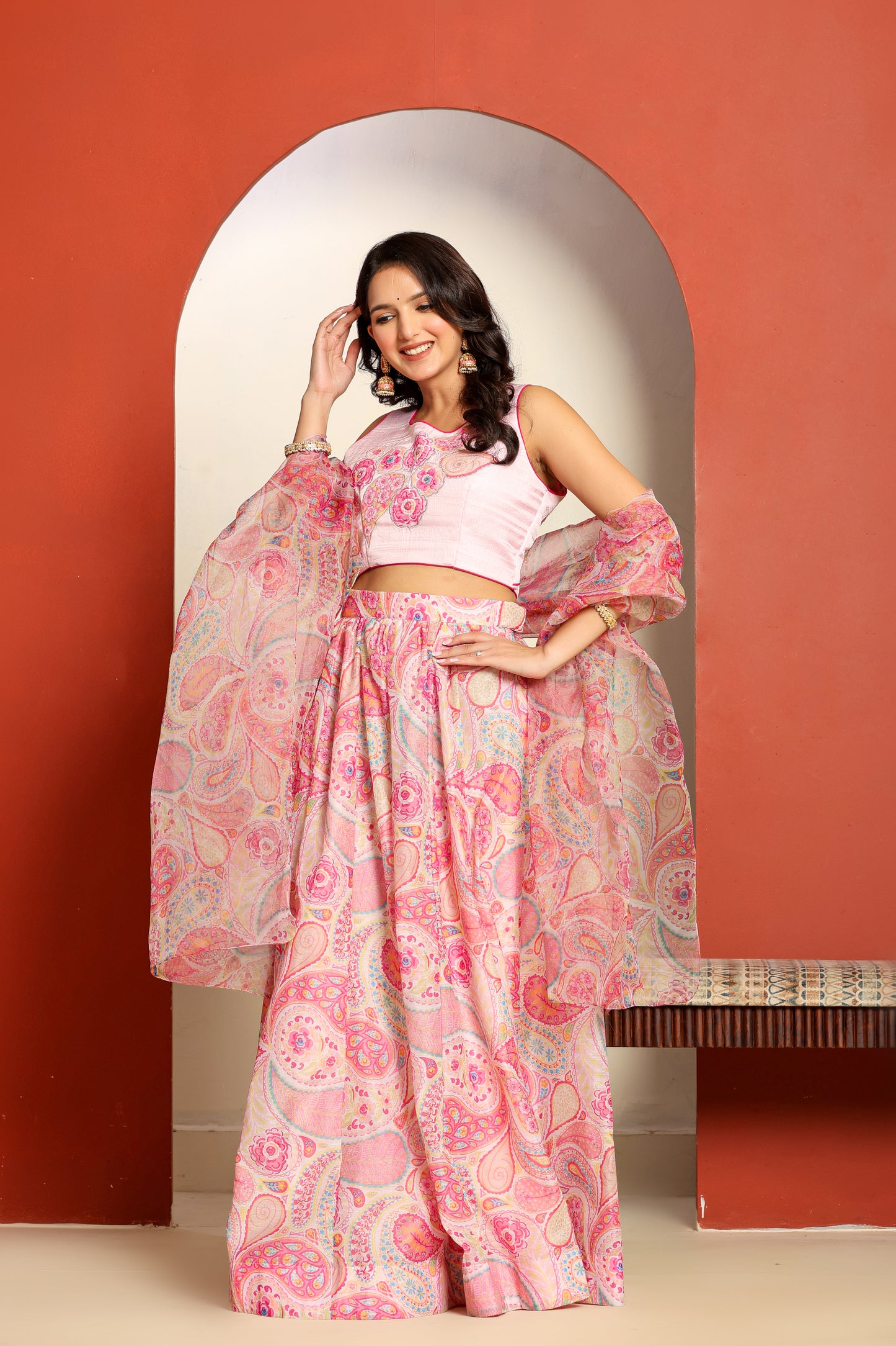 Ragavi Pastel Pink Paisley Printed Lehenga Set with Dupatta