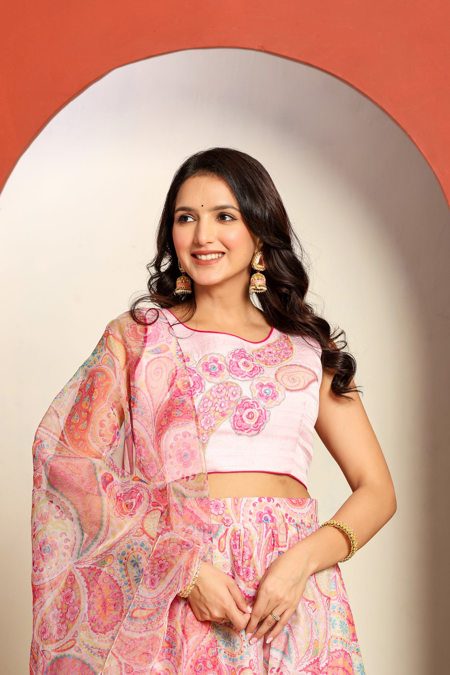 Ragavi Pastel Pink Paisley Printed Lehenga Set with Dupatta