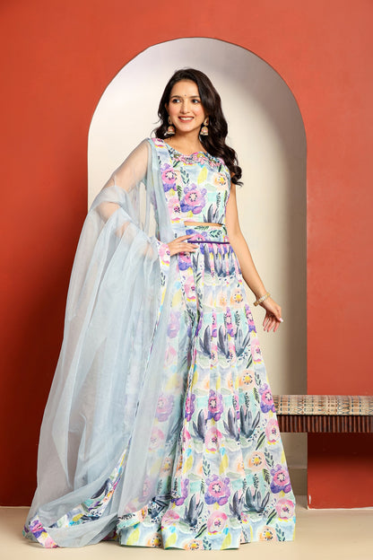 Ragavi Pastel Blue Floral Printed Lehenga Set with Sheer Dupatta