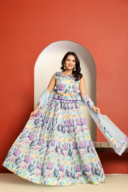 Ragavi Pastel Blue Floral Printed Lehenga Set with Sheer Dupatta