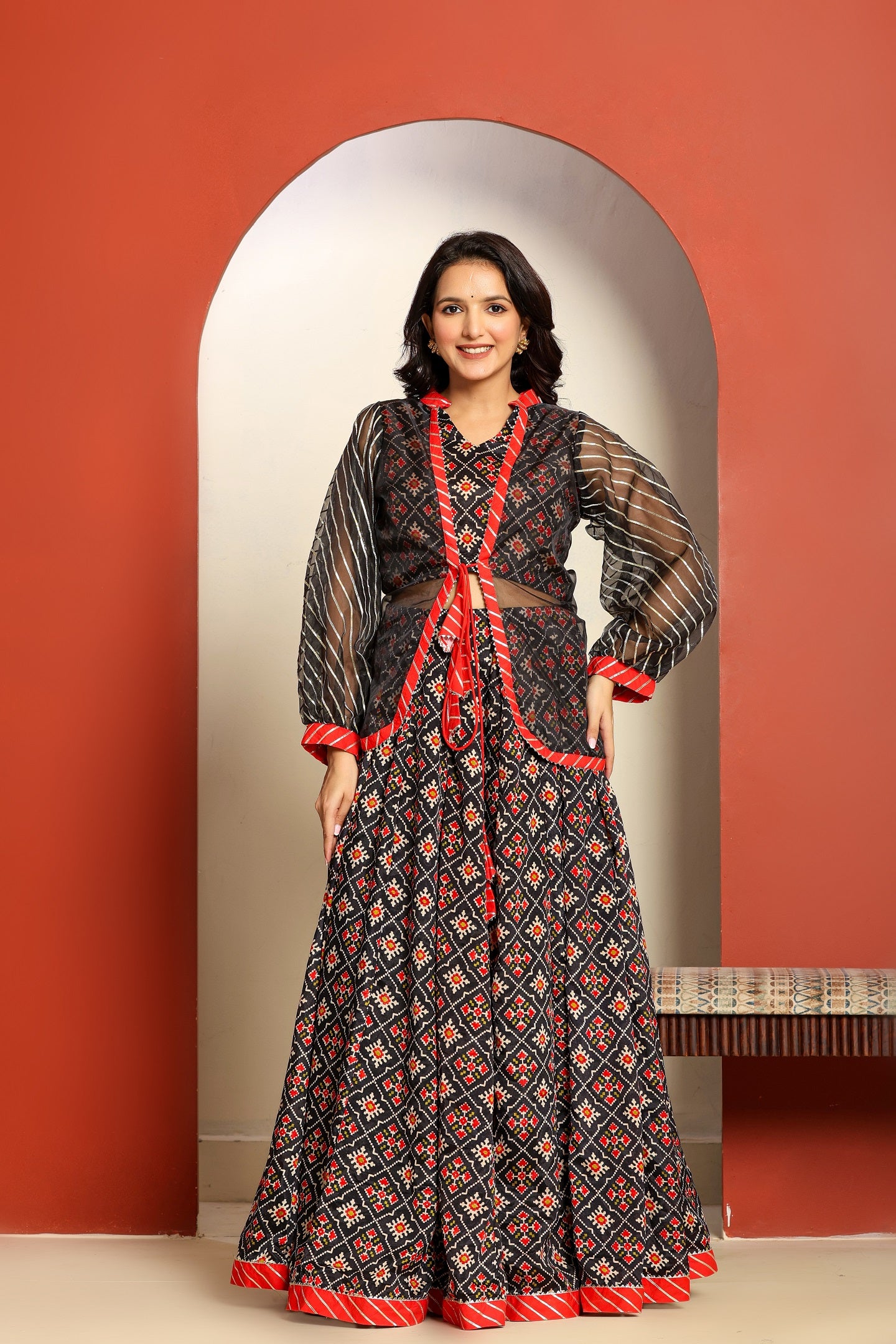 Ragavi Black and Red Printed Lehenga Set with Sheer Jacket