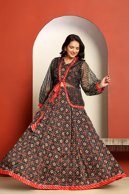 Ragavi Black and Red Printed Lehenga Set with Sheer Jacket
