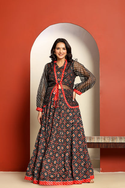 Ragavi Black and Red Printed Lehenga Set with Sheer Jacket