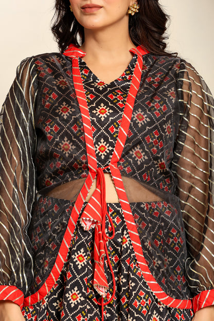 Ragavi Black and Red Printed Lehenga Set with Sheer Jacket