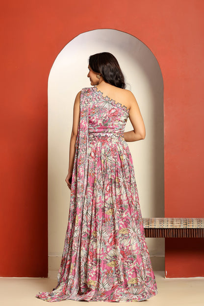 Ragavi Pink Floral One-Shoulder Lehenga Set with Attached Dupatta