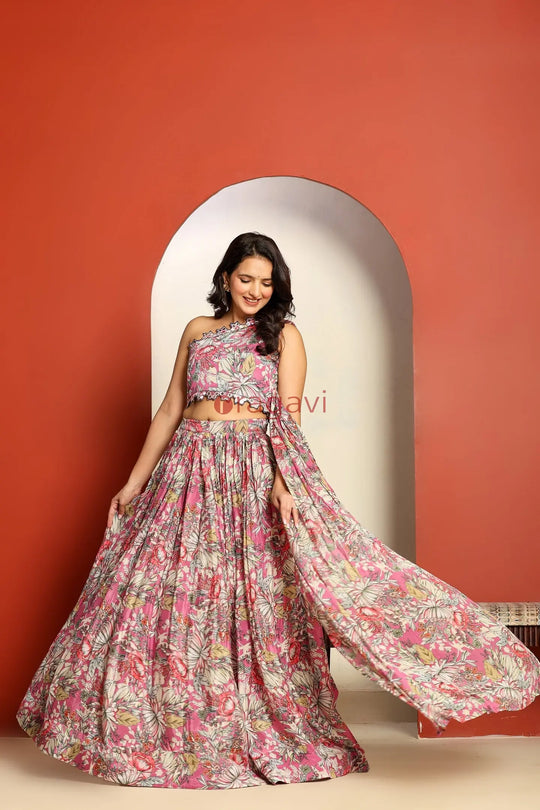 Ragavi Pink Floral One-Shoulder Lehenga Set with Attached Dupatta - Ragavi