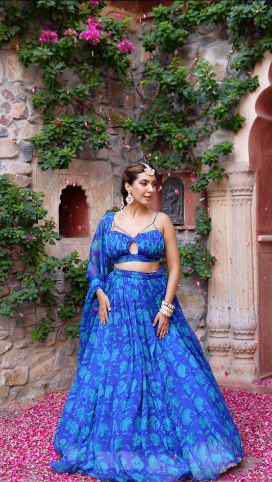 Lapis Blue Floral Printed Chiffon Lehenga Set