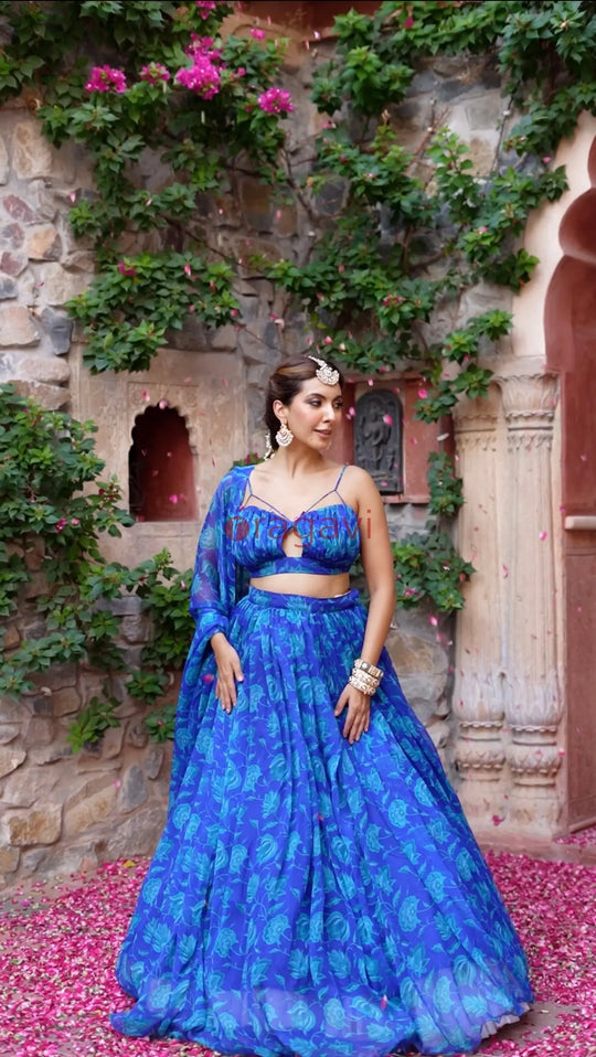 Lapis Blue Floral Printed Chiffon Lehenga Set - Ragavi