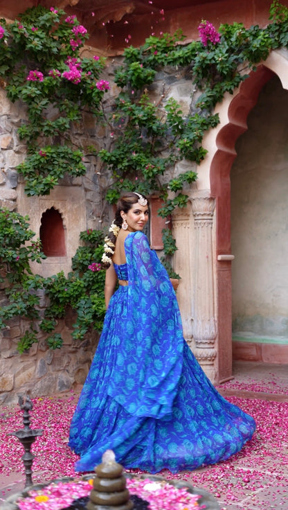 Lapis Blue Floral Printed Chiffon Lehenga Set