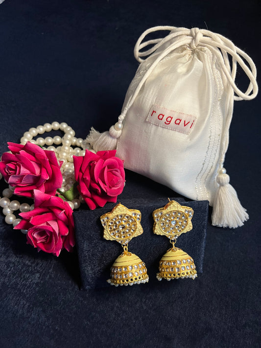 Yellow Lemon Icing Kundan Meenakari Jhumka Earrings