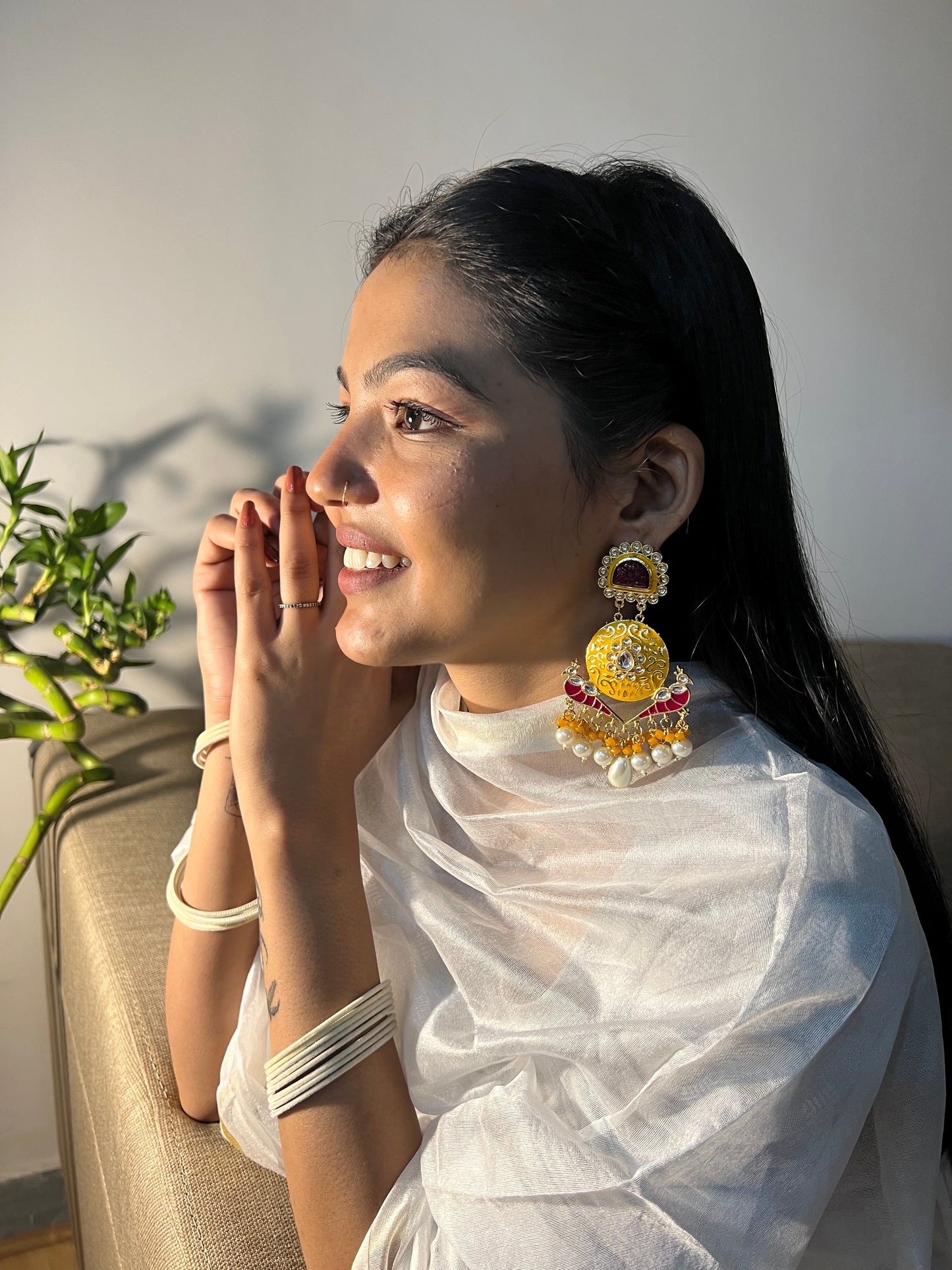 Golden Kundan Meenakari Earrings
