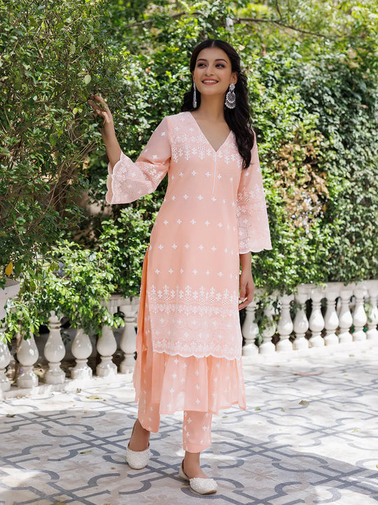 Salmon Peach Cotton Schiffli Straight Kurta Set Ragavi